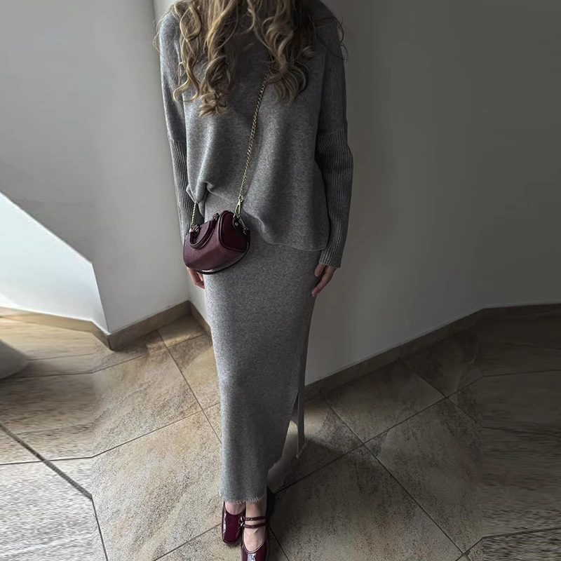 Casual O-neck Long Sleeved Sweater + Skirt Suits Vintage Commuting Slim Outfit 2024 Autumn Winter Knitted Women\'s Two Piece Sets