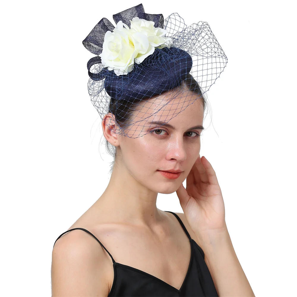 High Quality Sinamay Fascinator Hat Wedding Elegant Women Small Hair Top Hats Party Dinner Occasion Flower Veil Hair Accessories