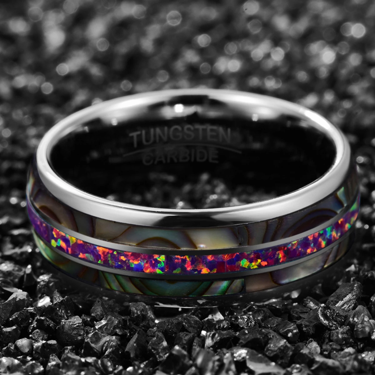 BONLAVIE Comfort Fit Tungsten Carbide Ring 8mm Wide Dome Steel Inlaid with Two Acacia + Purple Color Opel Tungsten Steel Ring