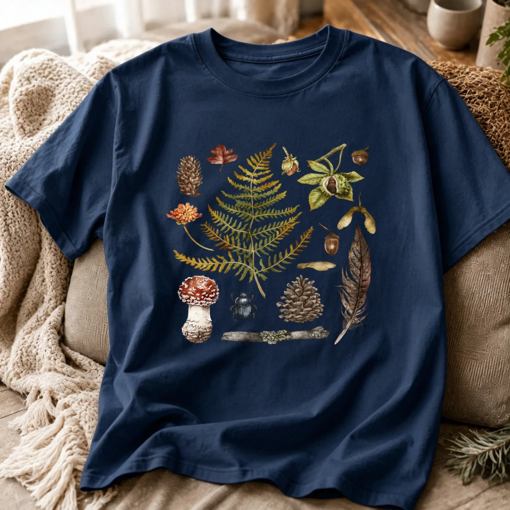Forest Nature Graphic T Shirt Fern Mushroom Pinecone Acorn Feather Beetle Botanical Wild Plant Print Cottagecore Woodland Tees