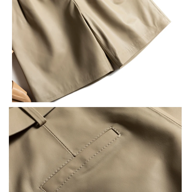 봄 100% 양가죽 버뮤다 반바지 여성용 스트레이트 웨이스트 리얼 가죽 캐주얼 팬츠 벨트 포함 시크 여성 의류