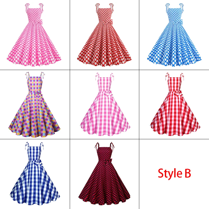 Women Retro Summer Dresses 1950s 60s Rockabilly Polka Dot Bow Ball Grown Party Robe Elegant Big Swing Midi Dresses