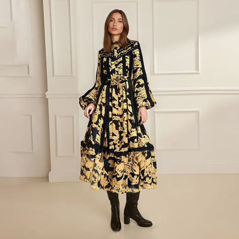 

Elegant Embroidered Flares Print Dresses Spring Women Long Sleeves Square Neck Dress Autumn High Waist Loose Knee Length Dress