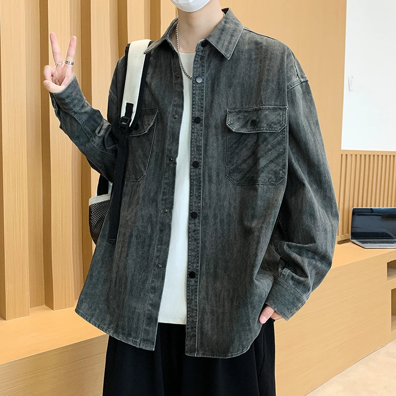 

Men's Long Sleeve Denim Shirt American Retro Hong Kong Style Trendy Outerwear High-End Feeling Cool Shirt Spring Autumn Jeans