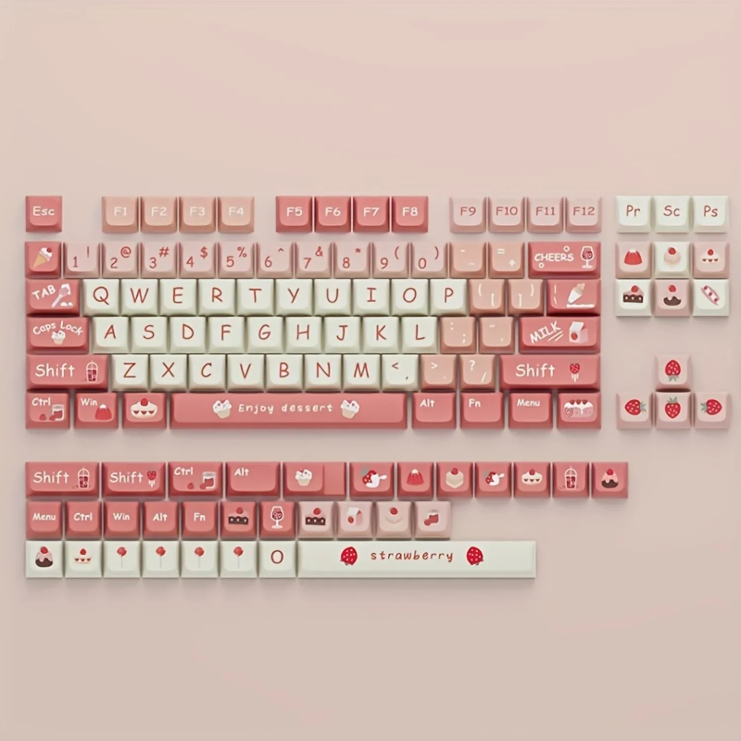 

XDA Mechanical Keyboard Keycaps PBT Thermal Transfer Cute Strawberry Cream Theme 124 Keys Large Set