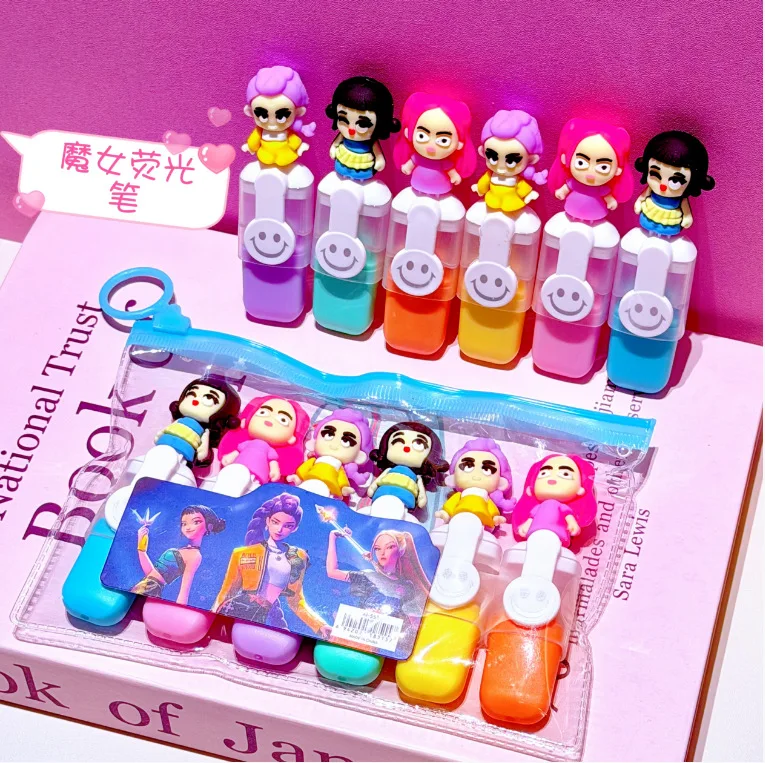 6pc/set Y2K Demon Hunters Pen Cartoon Character Doll Bagged Mini Highlighter Pen Student Learning Supplies Children's Toys Gift