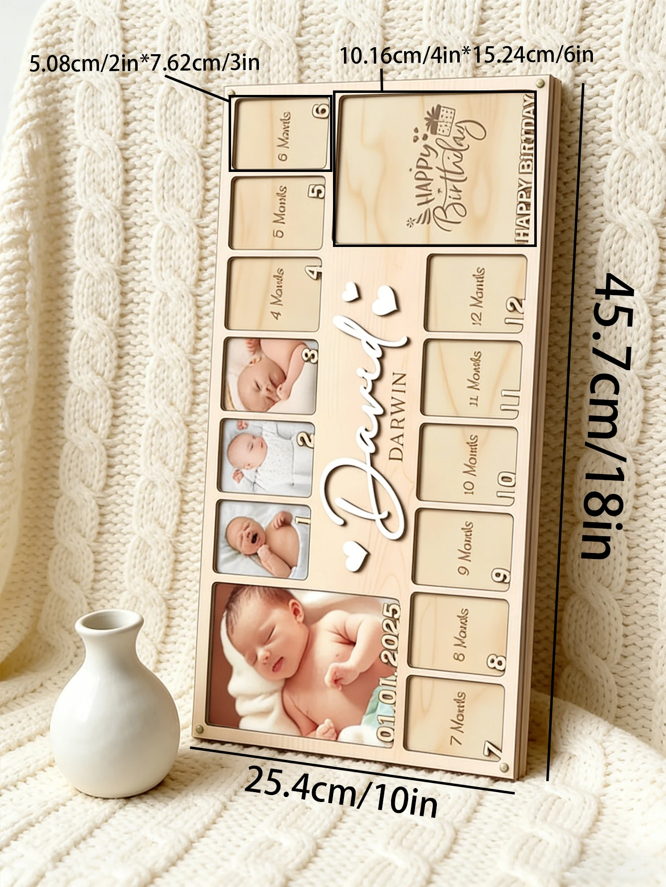 Custom Baby First Year Wooden Photo Frame Personalized Name Date Monthly Milestone Picture Plaque Newborn Nursery Memory Keepsak
