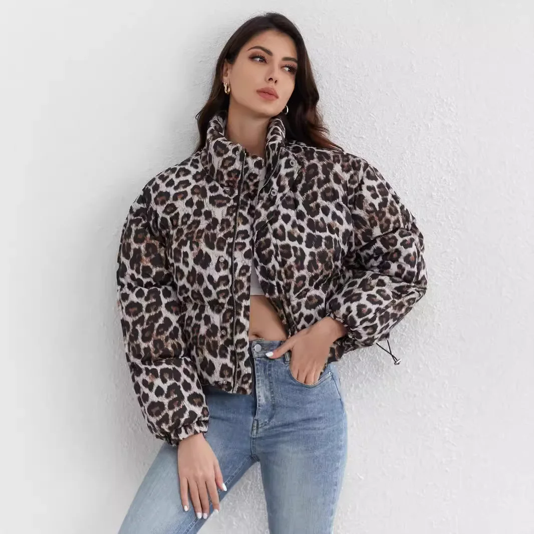 Y2k Streetwear Fashion Leopard Print Cropp Cotton Winter Puffer Jackets Women 2024 Stand Neck Long Sleeve Zipper Coat Women