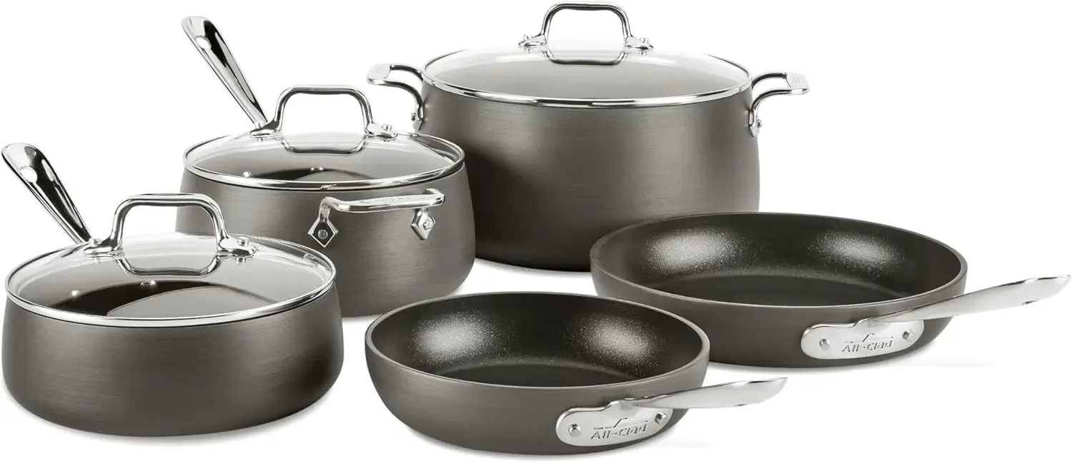 

All-Clad HA1 Hard Anodized Non Stick Cookware Set 8 Piece, Induction, Oven Broiler Safe 500F, Lid Safe 350F, Kitchen Cooking Set