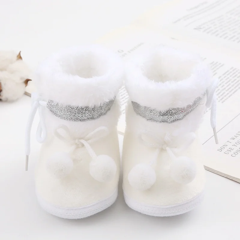 Baby Autumn Winter Boots Baby Girl Boys Winter Warm Shoes Solid Fashion Toddler Fuzzy Balls First Walkers Kid Shoes 0-18M