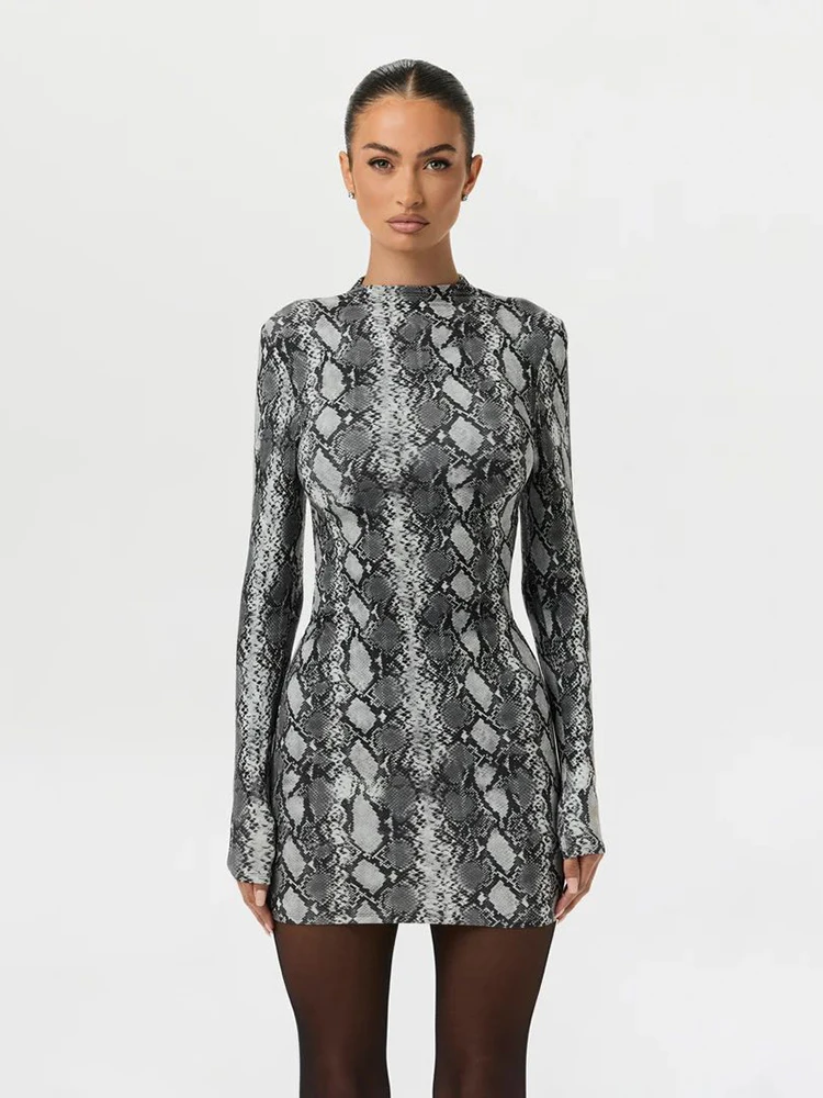 Kliou Serpentine Print Mini Dress For Woman o-Neck Full Sleeve  Skinny Stretch Hot Girl Midnight Club Party Sexy Fashion Bodycon