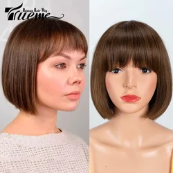 Trueme 180% Bone Straight Bob Wig Human Hair Wigs For Woman Short Highlight Brown Burgundy Brazilian Human Hair Wig With Bangs