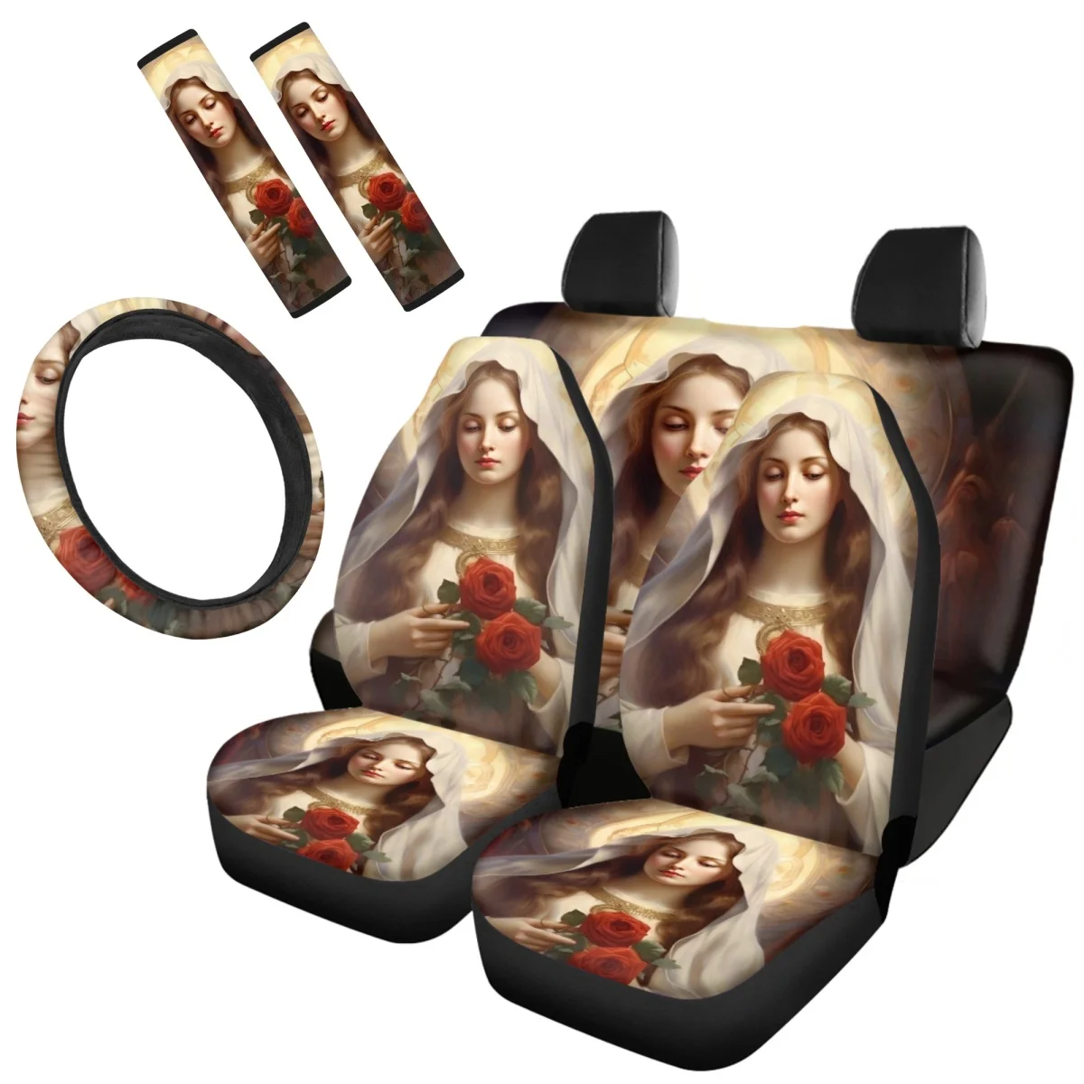 

Set of 7 Washable Car Seat Cover Virgin Mary Painting Steering Wheel Protection Cover Stylish Auto Seatbelt Covers Dropshipping