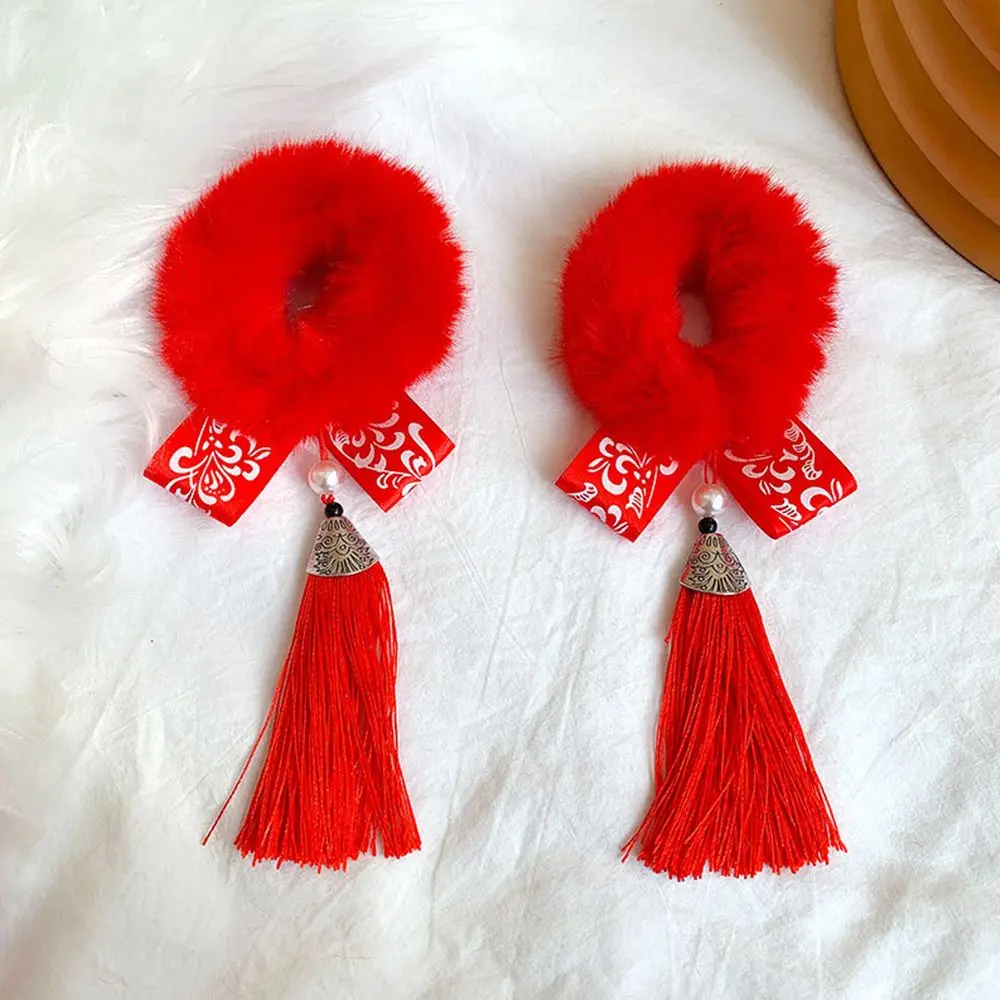 

Solid Color Festive Hairball Bowknot Tassel Girls Duckbill Clip Children's Headwear Hair Rope New Year Hair Accessories