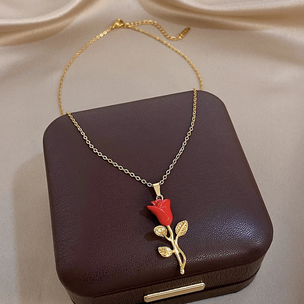 Freetry Elegant Red Enamel Rose Pendant Stainless Steel Necklace for Women Charm Golden Waterproof Necklace Jewelry Accessories