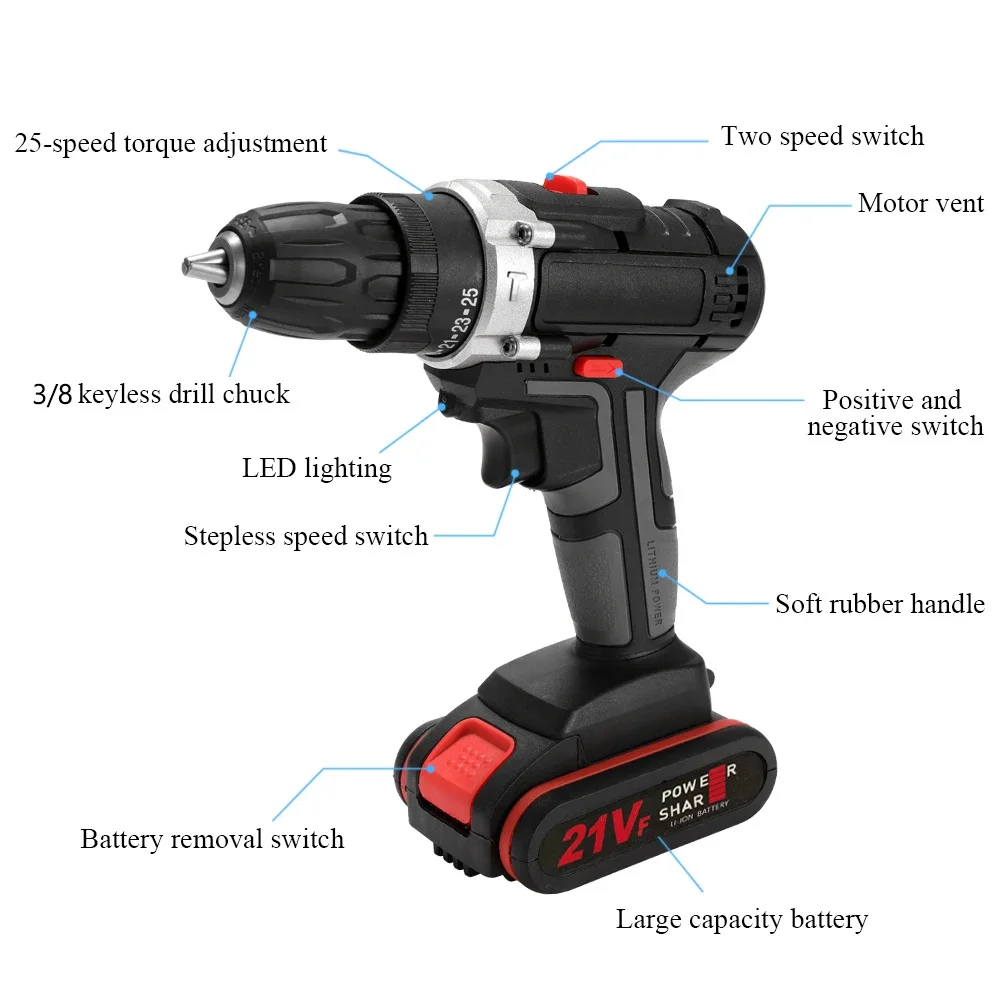 21V Electric Impact Cordless Drill High-power Lithium Battery Rechargeable Wireless Hand Drill Home DIY Electric Power Tools