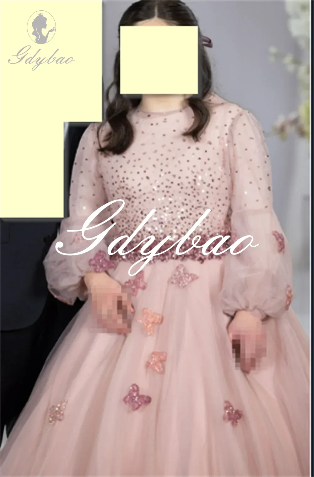 Cristais personalizados manga longa puff luxo uma linha longa bola vestido da menina de flor até o chão trem varredura primeira comunhão vestido