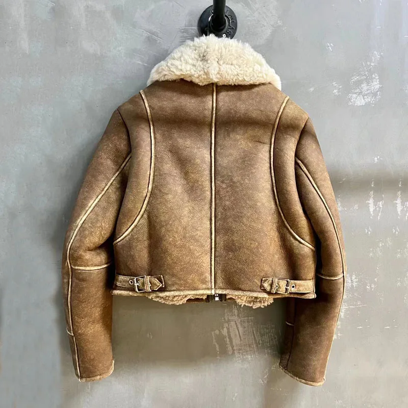 Women Coat Winter Short Length Turkey Sheepskin Jacket Aging Process Turn-Down Collar Clothes Full Pelt Brown Color