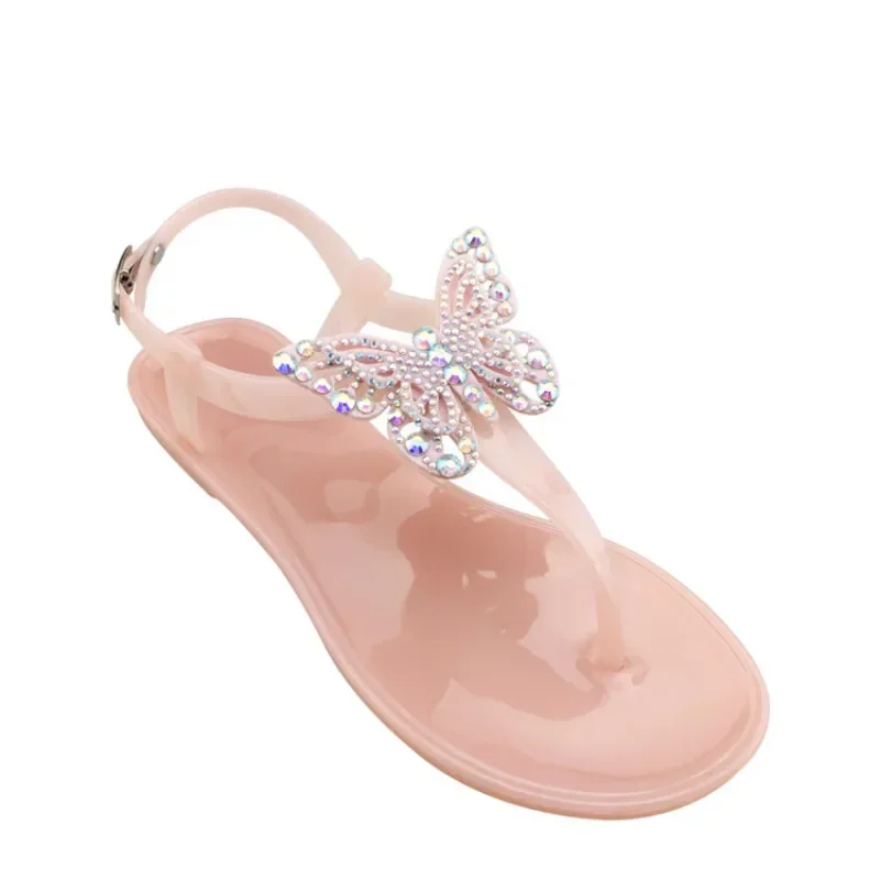2024 novo verão feminino plana praia brilhando strass borboleta sandálias t-cinta tanga flip flops chinelos sapatos femininos