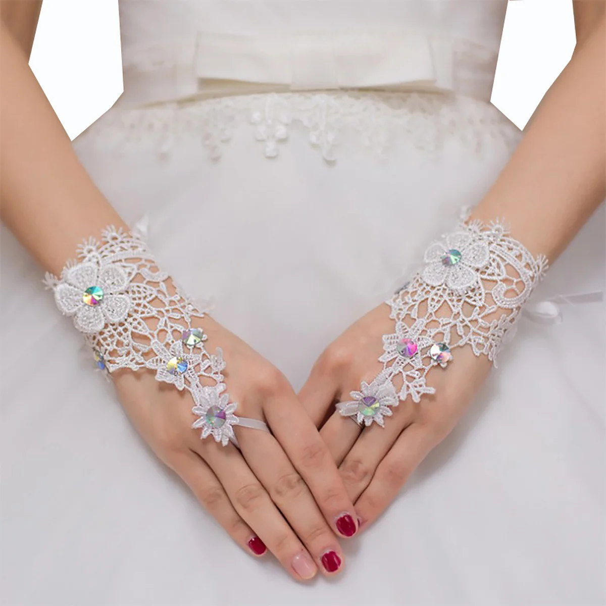 

Lace Gloves for Prom Formal Banquet Party Gloves Mother's Day Fingerless Rhinestone Bridal Gloves for Wedding