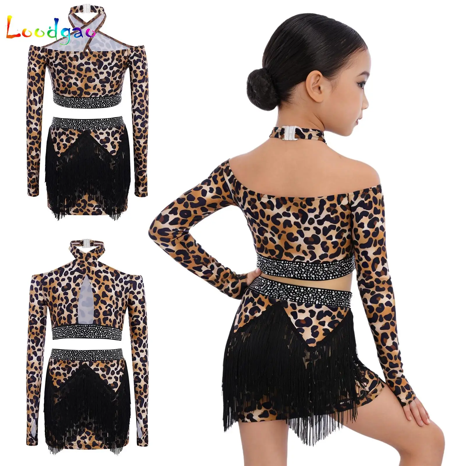 

Girls Leopard Latin Dance Dress Long Sleeves Performance Costume Cha Cha Samba Dance Practice Clothing Kids Crop Top+Skirt Set
