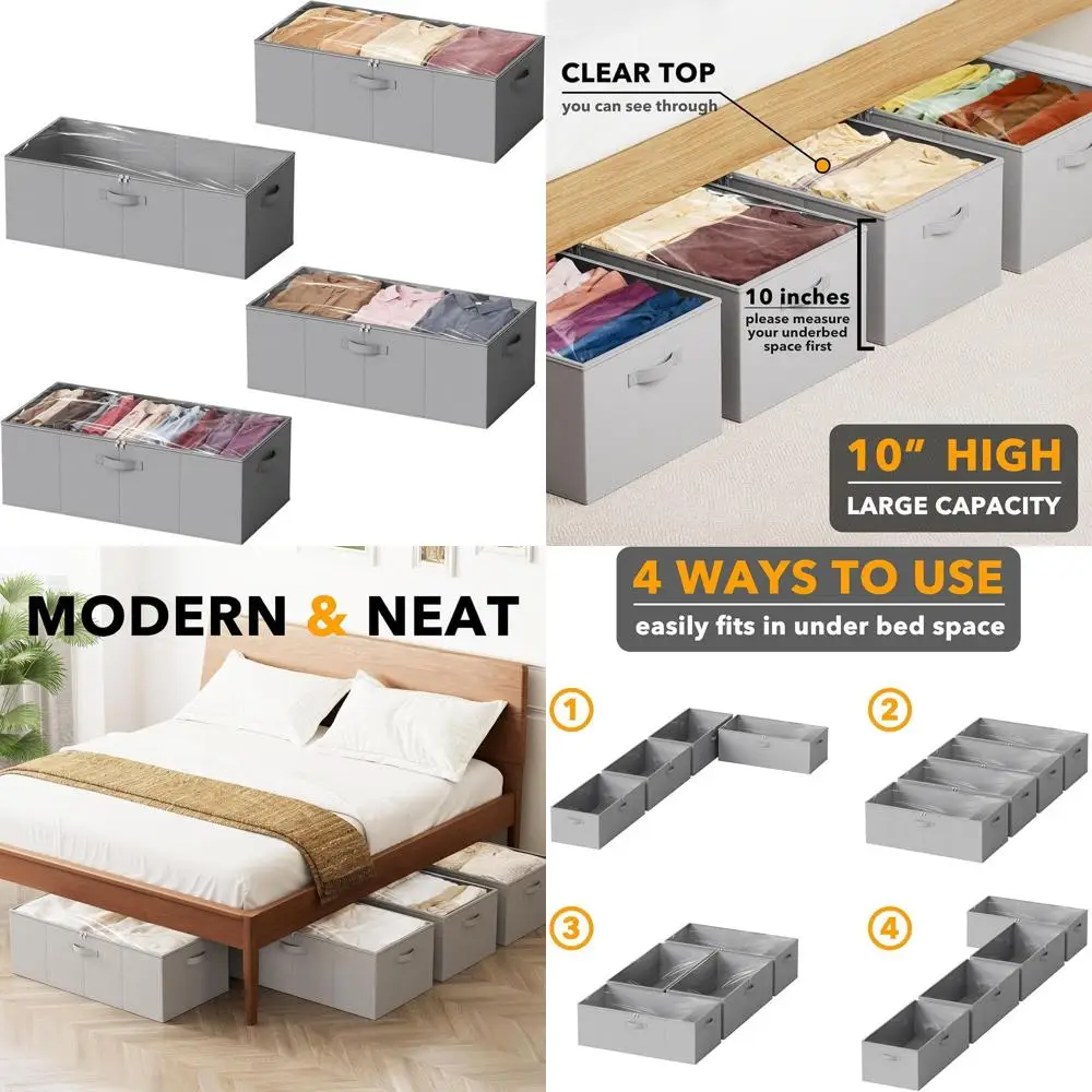 

10 высоких коробок для хранения под кроватью с крышками для организации пространства в спальне, общежитии и гардеробной (серые)