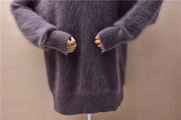 Ladies Women Autumn Winter Thick Warm Hairy Mink Cashmere Knitted V-Neck Long Sleeves Loose Pullover Angora Fur Jumper Sweater