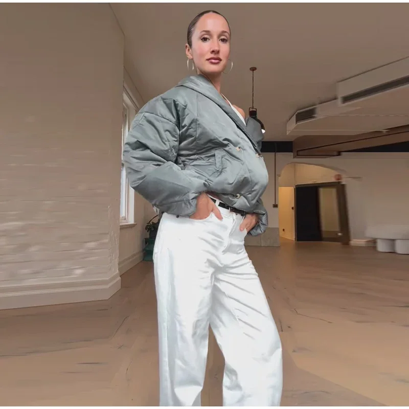Übergroße Gesteppte Jacke mit Revers für Damen, Streetwear, Langarm, Doppelreihig, Locker Sitzende Mäntel, Modische Damen-Oberbekleidung, Neuheiten – Detail 3