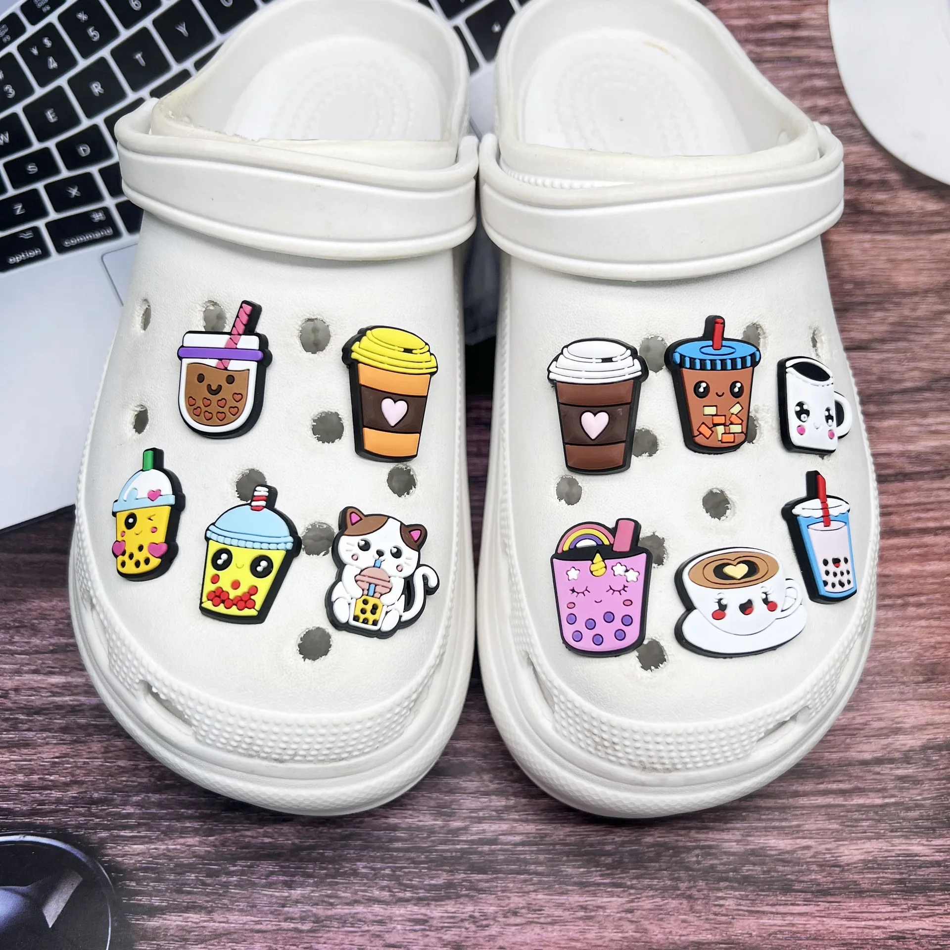 11Pcs Cute Bubble Tea Coffee Cat PVC Shoe Charms Waterproof Detachable Garden Hole Shoe Decor Cartoon Drink DIYShoe Accessories