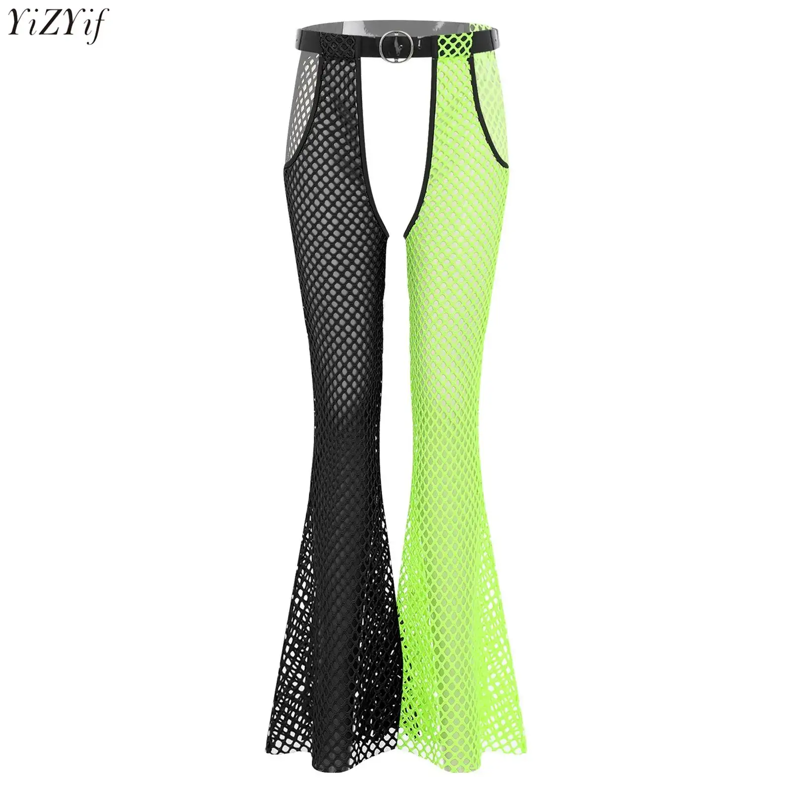 

Womens Fishnet Mesh Chaps Hollow Out Crotch Wide-leg Pants Contrast Color Trousers with Waist Belt for Halloween Rave Club Party