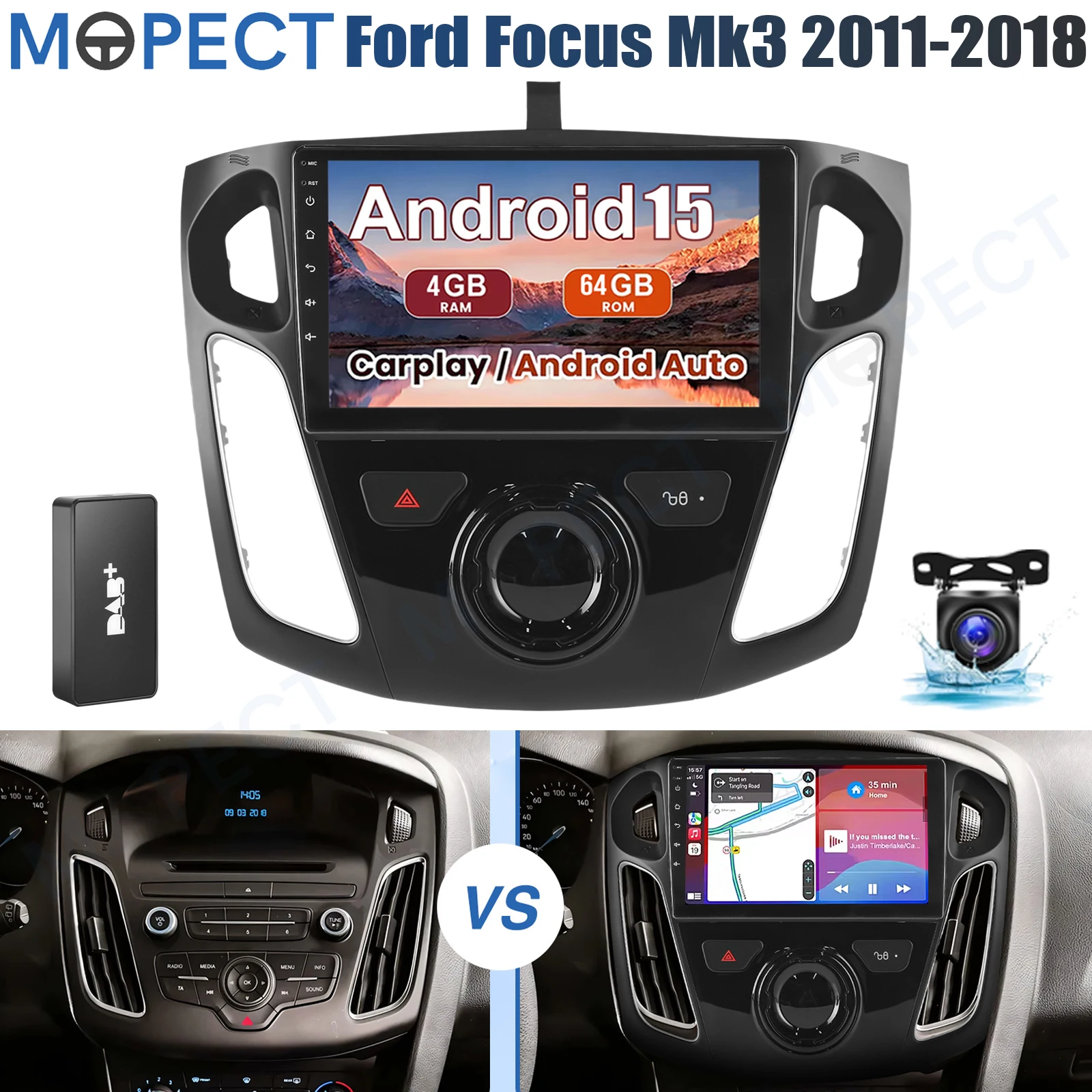 MOPECT 9" autoradio met 4+64GB voor Ford Focus MK3 2011-2018 Android 15 Carplay GPS BT/AM/FM touchscreen +DAB&camera