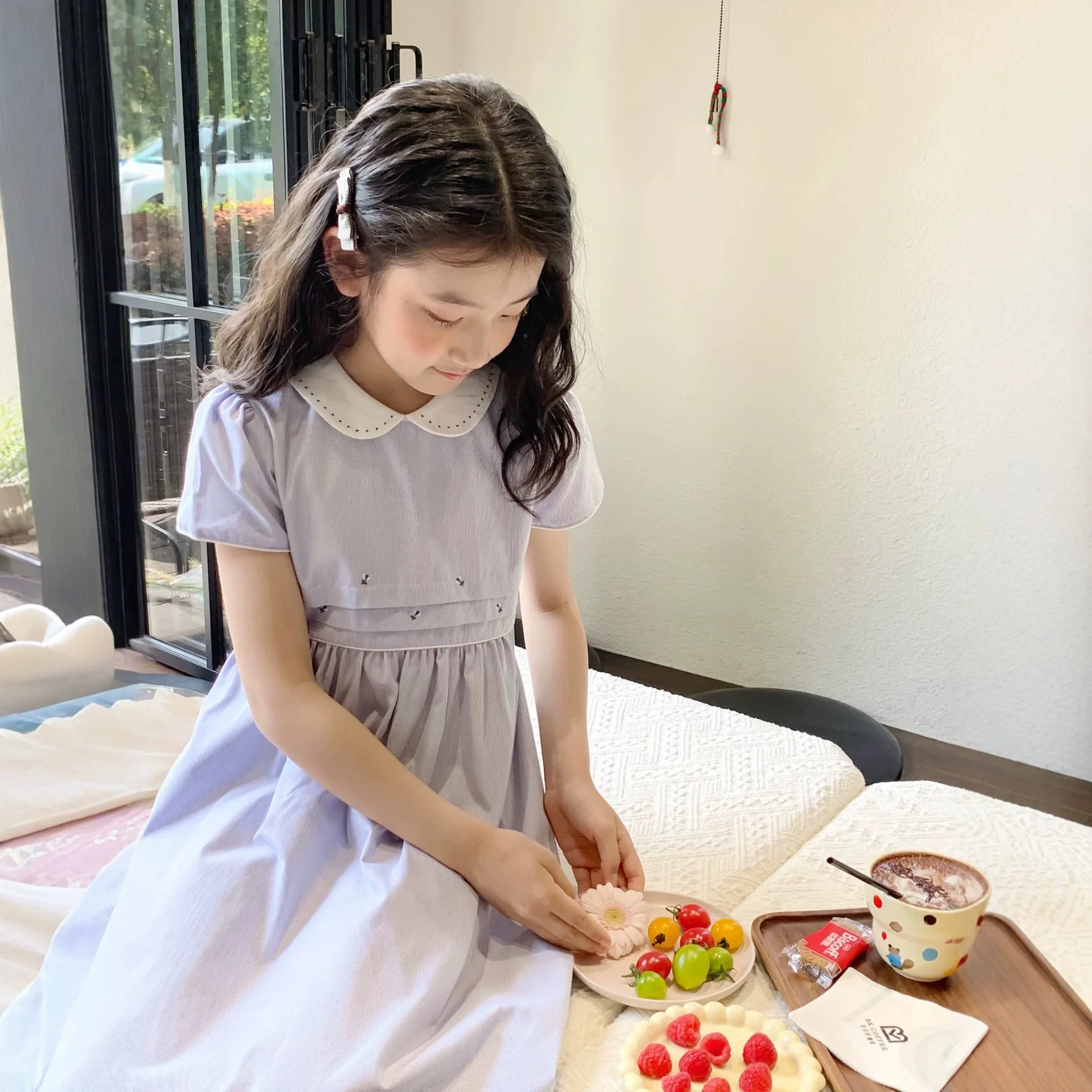 Girls' Dress 26 Summer New Blue Elegant Fashion Korean Version Children's Dress Cotton Sweet College Style Party Princess Dress