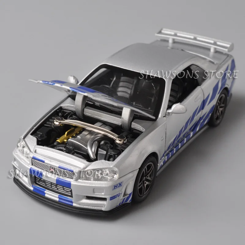 1:32 Scale Diecast Model Car Toy GTR GT-R R34 Miniature Replica Pull Back With Sound & Light