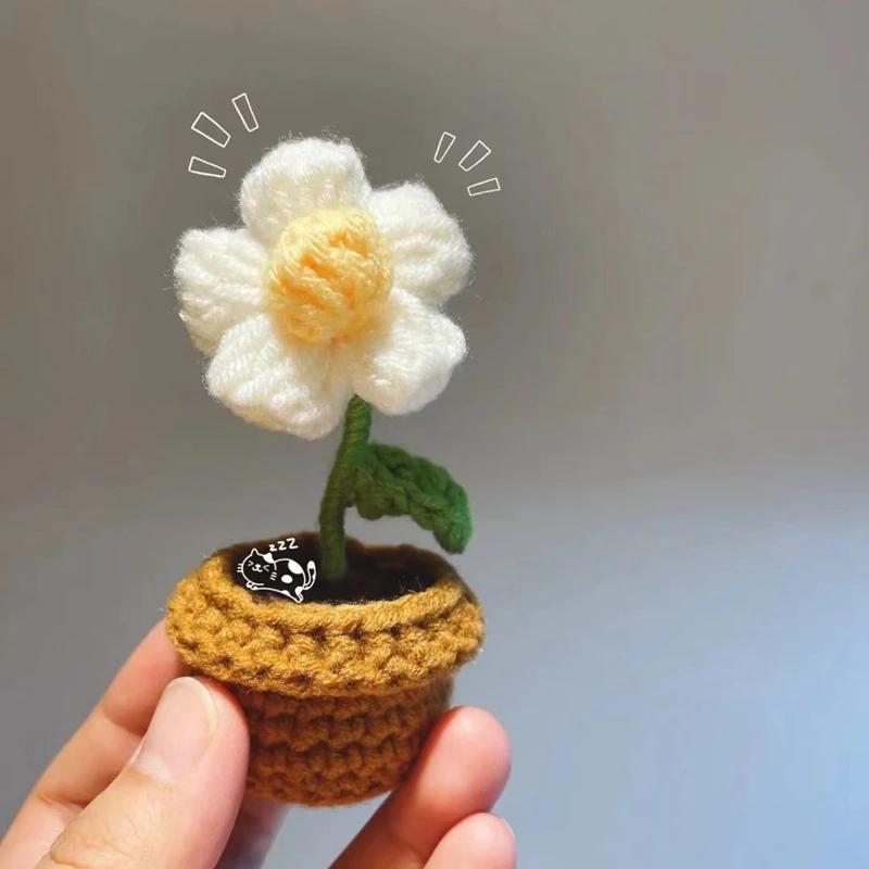 Hand Knitting Potted Plants Hand-woven Rose Sunflower Tulip Crochet Flower Auto Interior Accessories Car Decoration Ornaments