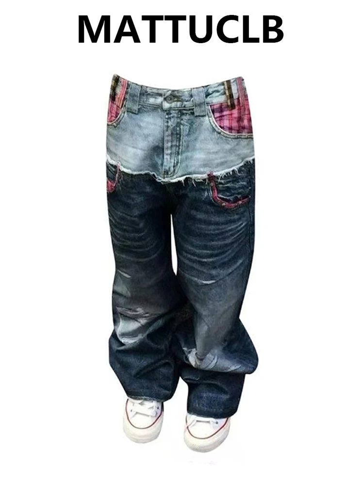 Autumn Winter Women's Baggy Jean Goblin Core Wide Fit Patchwork Denim Pants Y2K Japanese Harajuku Jean Punk Boyfriend Tide 2000s