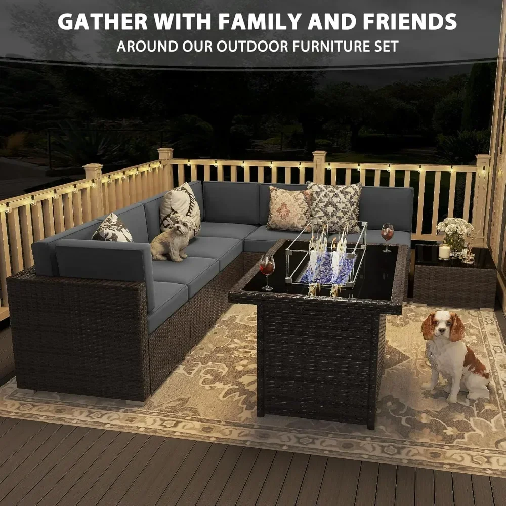8 Pieces Patio Furniture Set with 44" Propane Gas Fire Pit Table, Brown Rattan Wicker Conversation Sofa Sets with Coffee Table