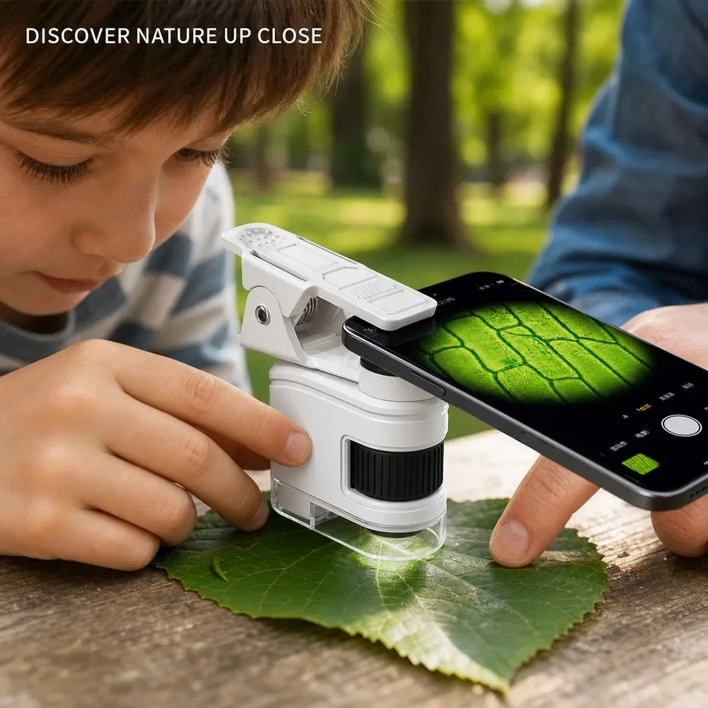 Kids Handheld Mini Microscope 60X With Smartphone Holder, Dual Light, Focus Wheel For Leaf Insect Outdoor Exploration 06