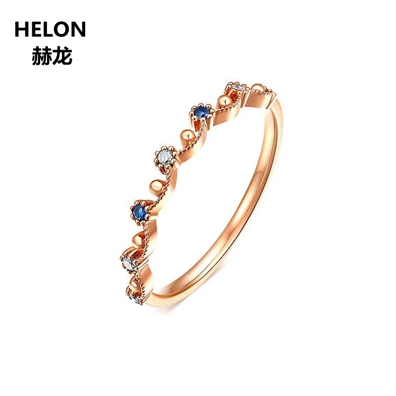 

100% Natural Blue Sapphires Rinig Solid 14k Rose Gold Women Engagement Wedding Ring Band Vintage Fine Jewelry