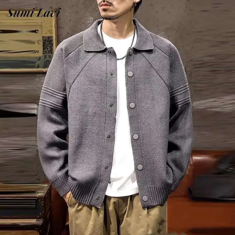 

Autumn Winter Outdoor Casual Mens Sweater Jacket Coats Stylish Button Lapel Sweatercoats Vintage Solid Color Slim Mens Cardigans