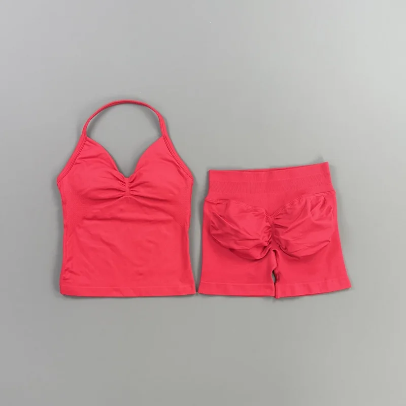 2-delige HISTELLO Impact Set Dames Gym Lange Top met Bandjes Naadloze Yoga Sets Scrunch Butt Sport Shorts Workout Fitnesspak