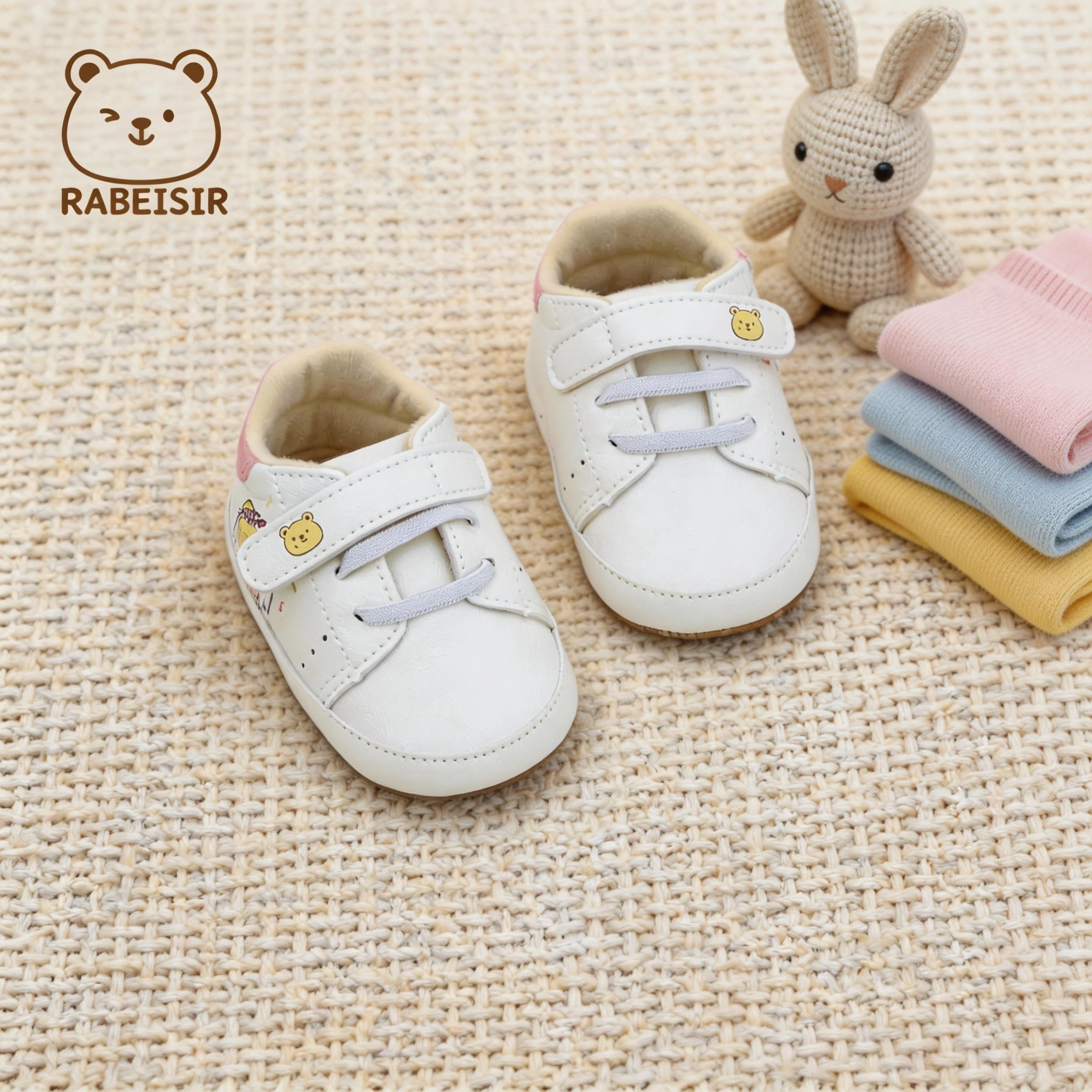 Baby Shoes Boy Girl Cartoon Teddy Bear Velcro White Baby Cute First Walkers Crib Prewalker Shoes 0-18M