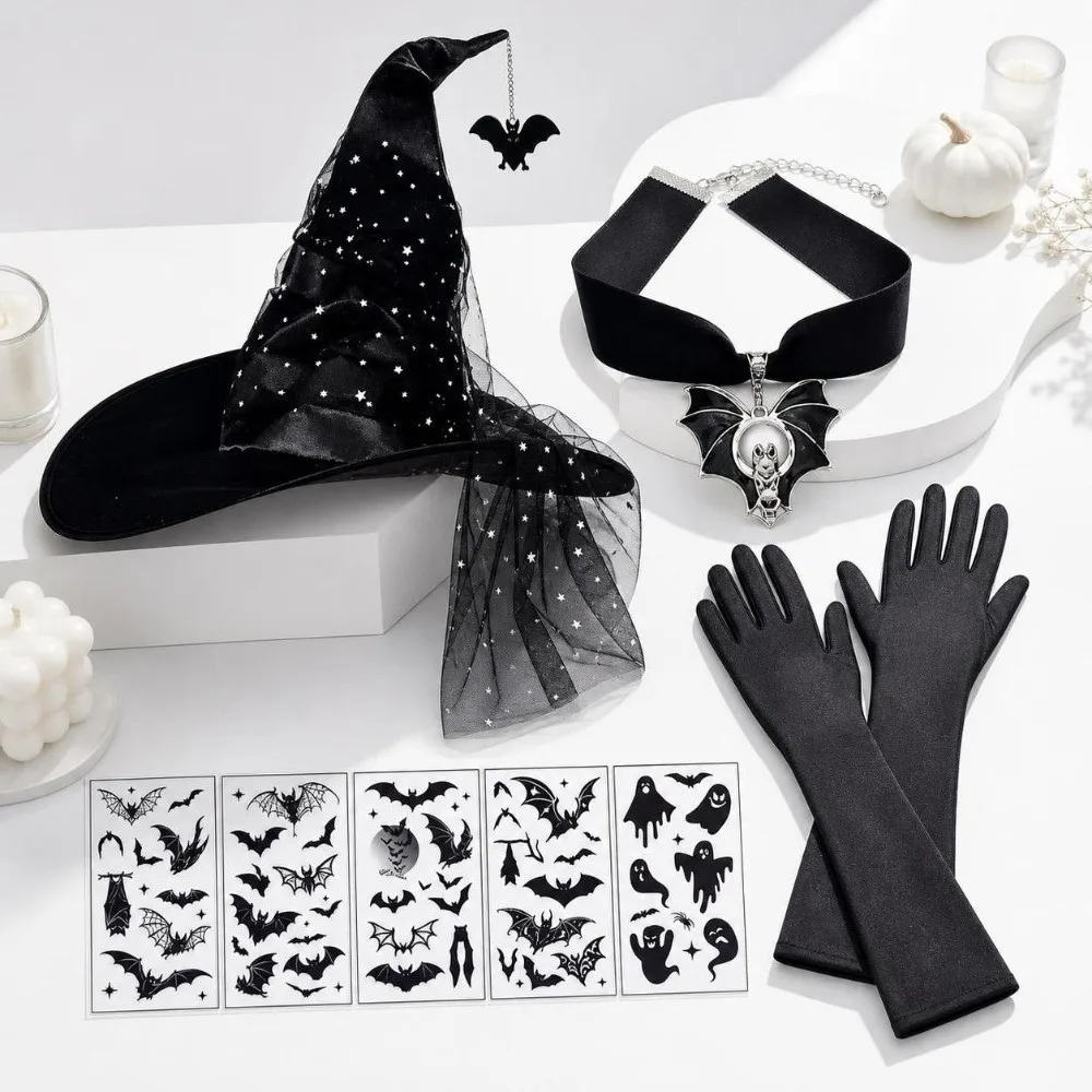 3/4pcs Gothic Style Pleated Witch Costume Curved Brim Mesh Shiny Witch Hat Gloves Spider Halloween Cosplay Outfit Halloween