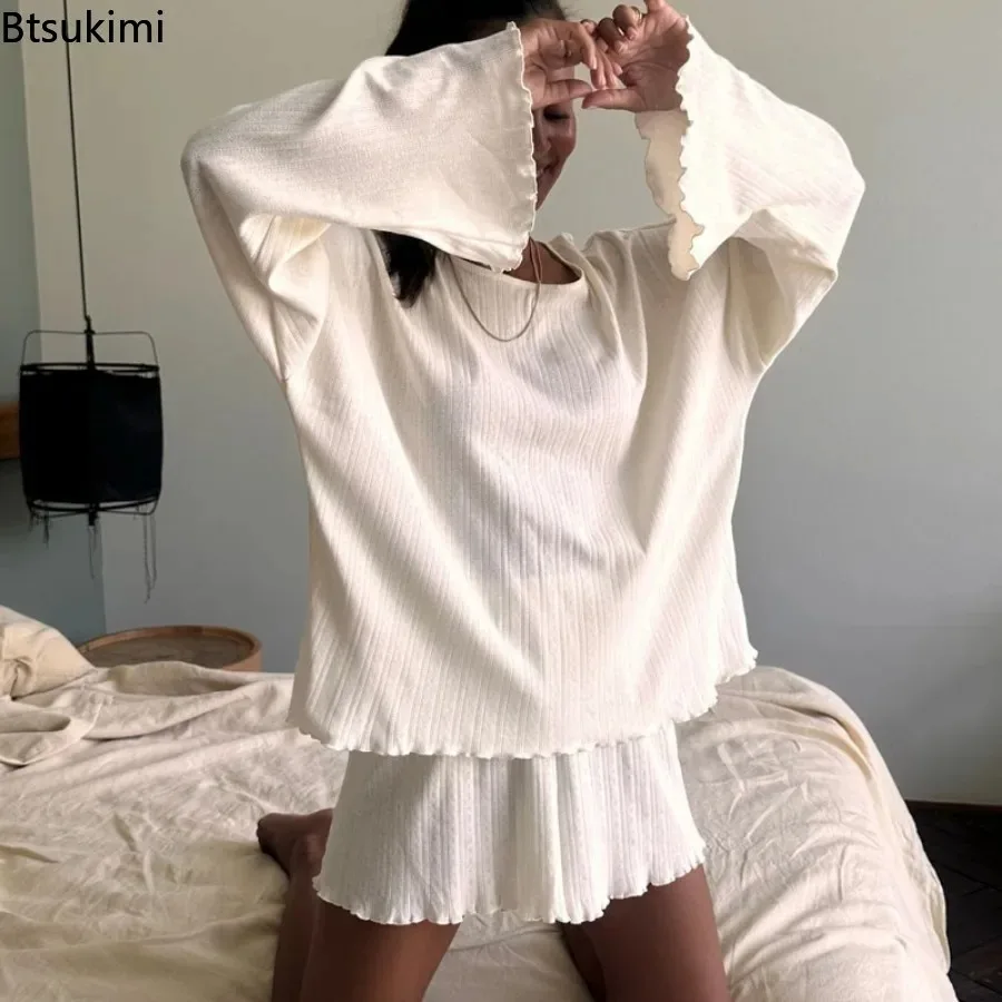 

2026 Women's Summer Pajamas Set Solid Long Sleeve Top and Shorts Sleepwear 2 Piece Set for Women Casual Loose Breathe Homewear
