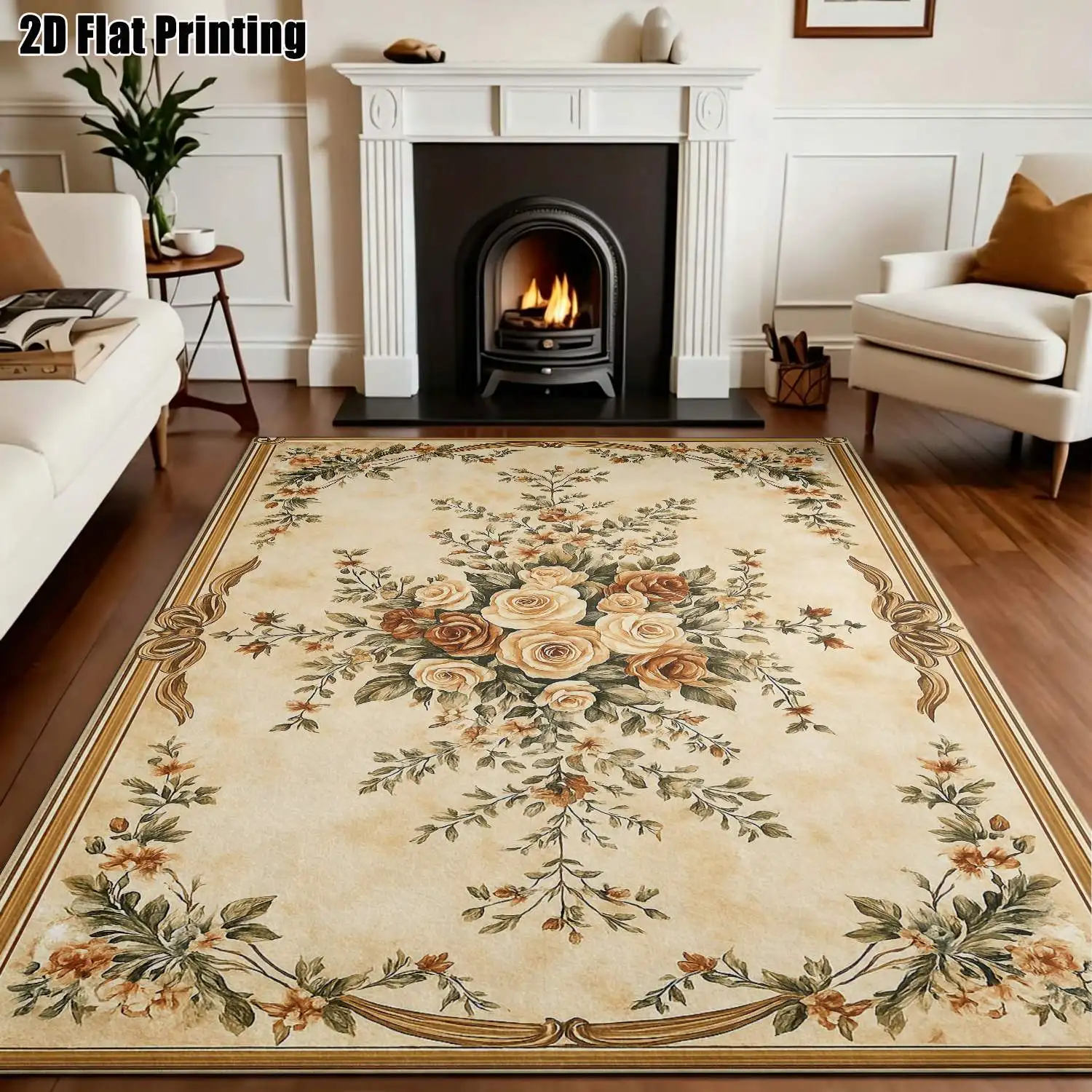 1Pc 2D Printed Beige Floral Pattern Carpet: European-Style, Vintage, Geometric, Bohemian, Home Decor, Multi-Size, Machine Washable, for Entrance, Dining, Foyer, Bedroom, Living Room