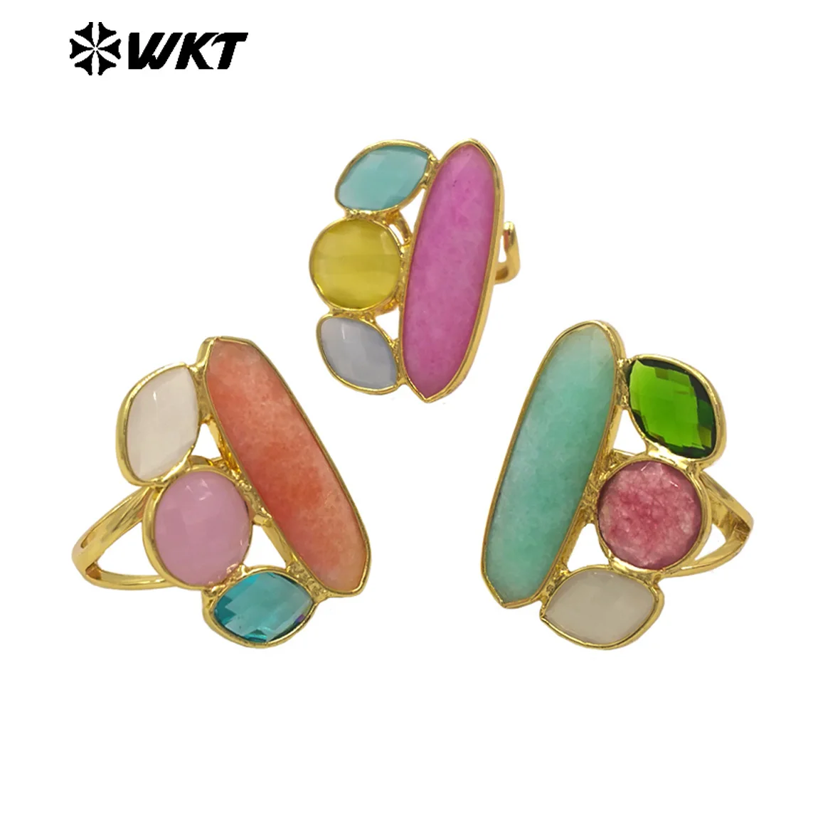 

WT-R580 Beautiful Colored Cat Eye Green&Pink Stone Geometric Design Opeaning Big Ring For Women Gifts Fine Accessory