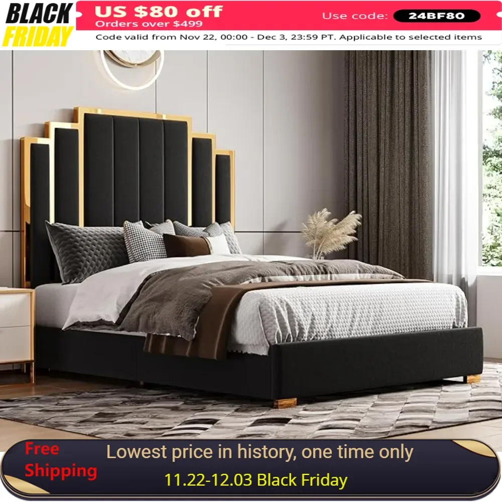 Queen Bed Frame,Upholstered Bed with Golden Plating Trim, Modern Platform Bed No Box Spring Needed,Bedroom Beds Frames