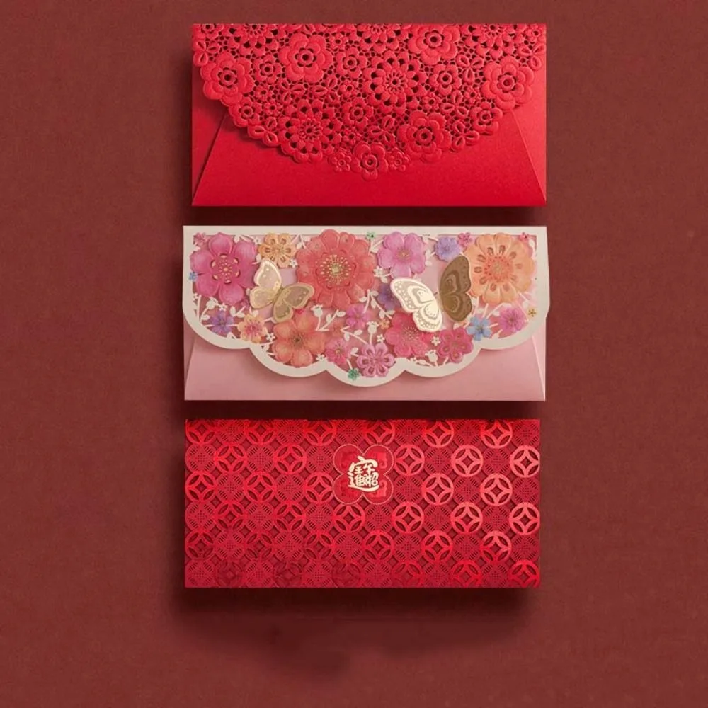 

6pcs Laser Engraving Chinese Red Envelopes Rectangular Embossed Red Packet Hollow Three-dimensional HongBao Housewarming
