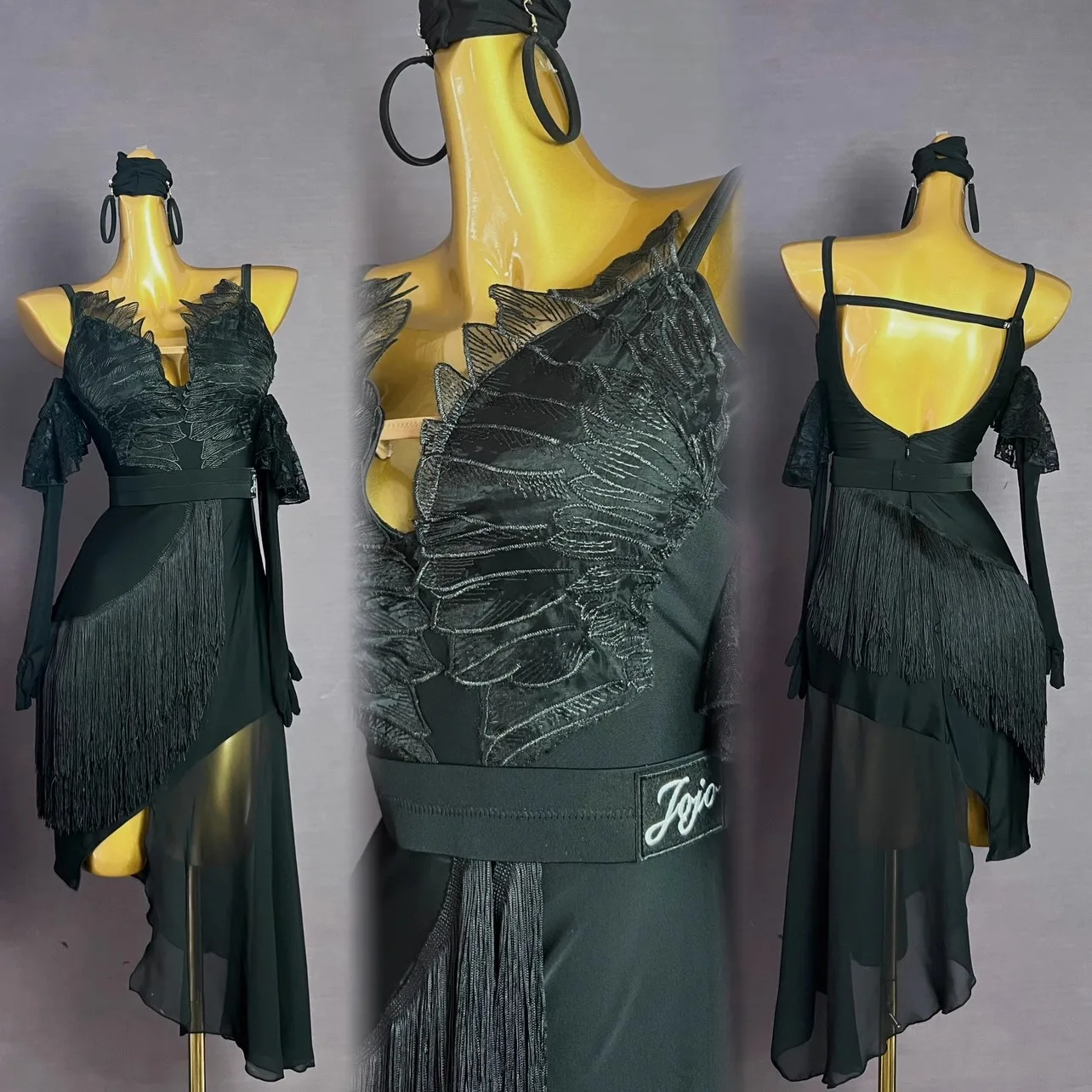 Latein-Tanzkleid, hochwertiges, individuelles Spleißnetz, Feder-Quasten-Hosenträger, Tango, professionelle Bühnenkleidung für Kinder und Erwachsene