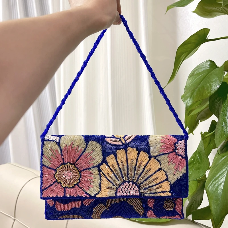 DOYUTIG-Embroidered Shoulder Bag for Women, Handmade Daisy Beaded Bag for Wedding Party, Vintage Evening Bag, Indian Brand, N035