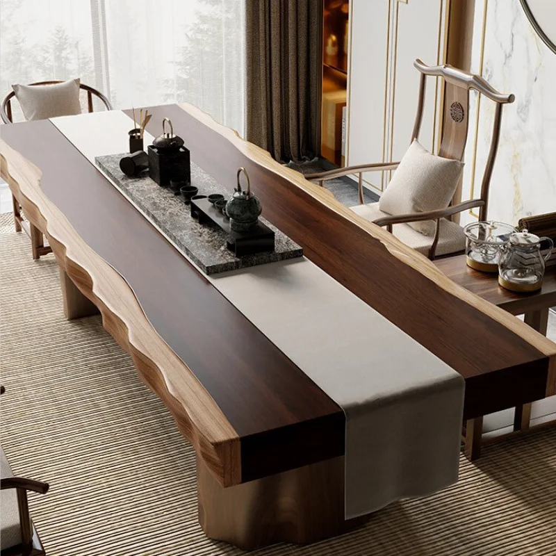 New Chinese style natural edge large board solid wood office tea table chair tea table a complete